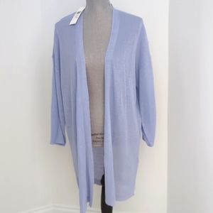 EILEEN FISHER Linen Long Cardigan Sweater Open Front Semi Sheer M Blue NEW